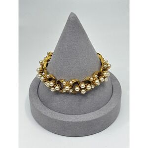 Florenza Vintage Gold Tone Faux Pearl Link Bracelet Textured Scroll